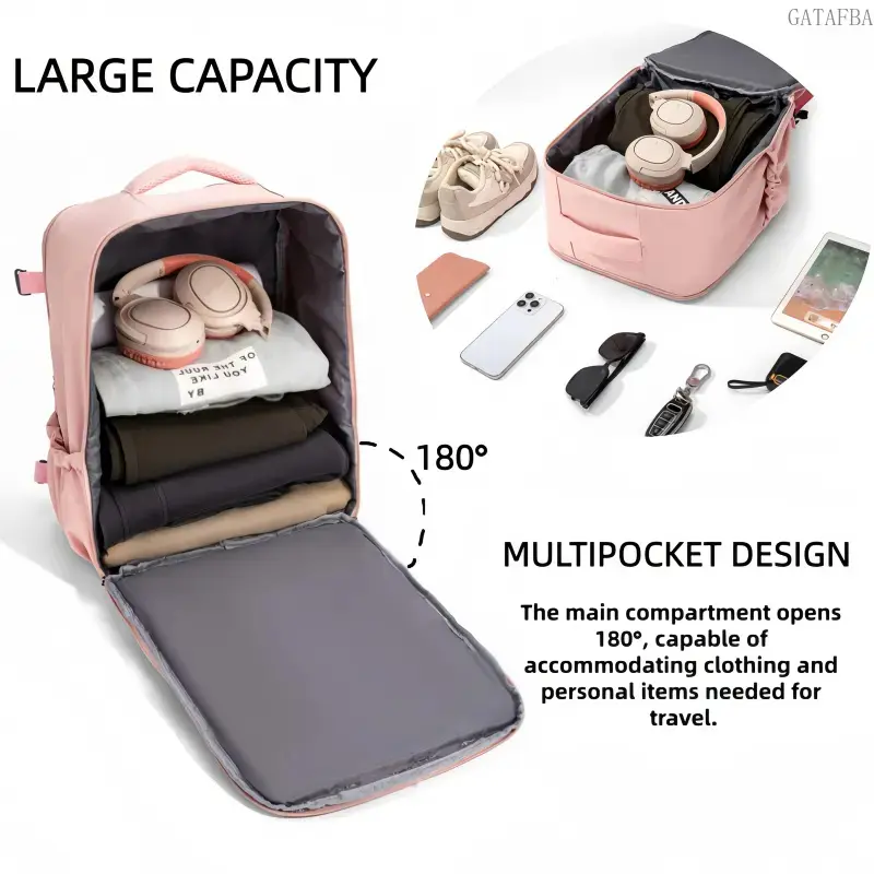 40x30x20cm Cabin Approved Backpack, Large Capacity Underseat Carry-On Bag with 180 °   Opening & Independent Shoe Compartment, Multi-Functional Travel Backpack for Men and Women