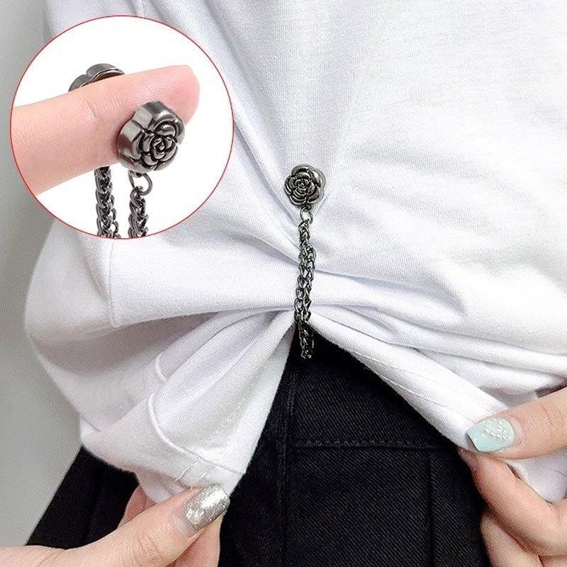 6Pcs Camellia T-Shirt Button Clips, Adjustable Clothing Hem Fixing & Cuff Adjusters, Elegant Decorative Metal Fasteners for Shirt Sleeve & Pants Hem Shortening