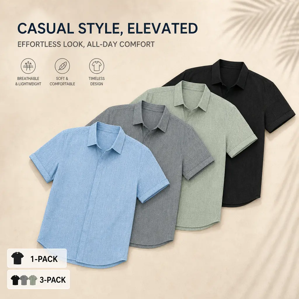 1‑Pack / 3‑Pack Men Casual Linen Blend Short Sleeve Button Down Shirt, Vintage Collared Summer Beach Top, Lightweight, Loose‑Fit For Holiday & Everyday Wear