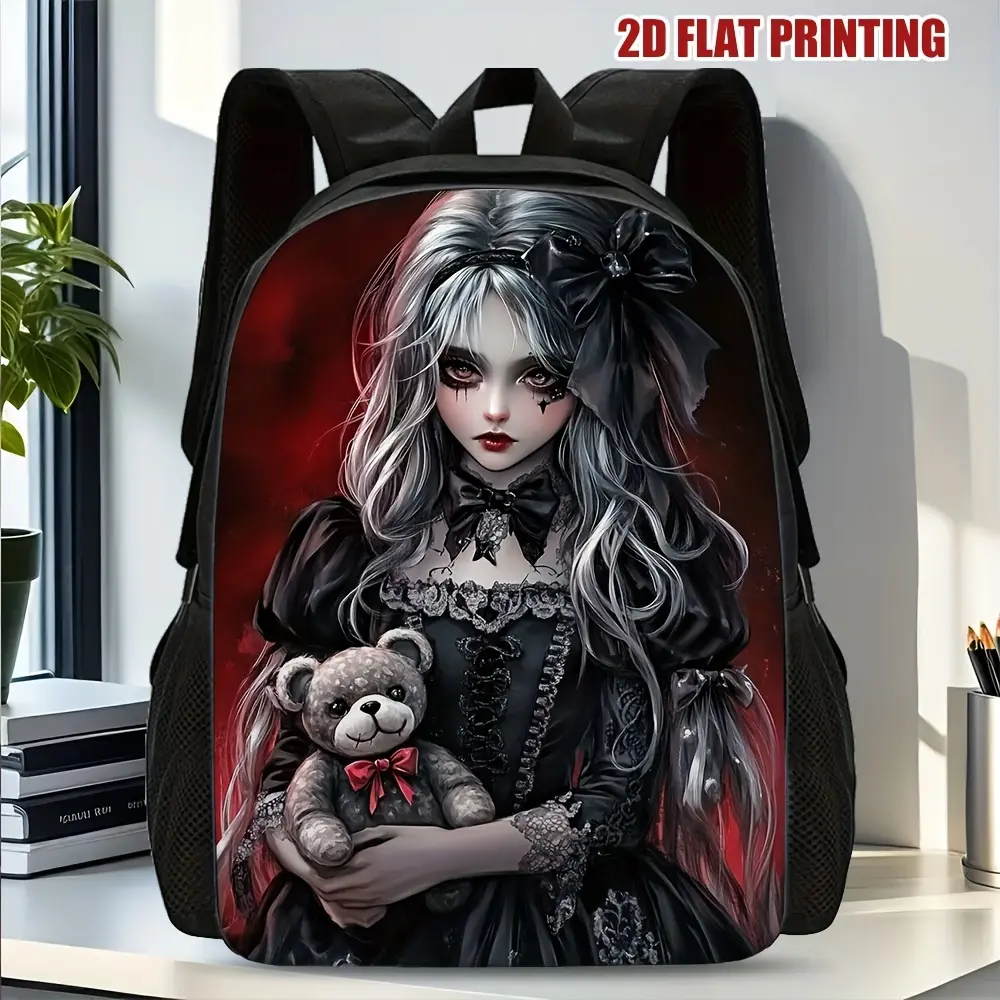 Gothic Teddy Bear Backpack - Animal Design, Statement Graphic, School Style, Lightweight Oxford Cloth, High-Capacity Water-Repellent Scratchproof, Adjustable Shoulder Straps, Unisex, for Back to School, Travel, Hand Wash Only