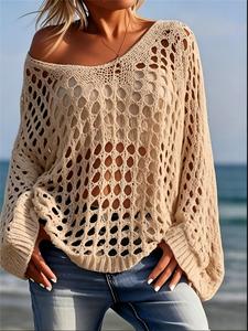 women's plain hollow out sweater, casual long sleeve jumper for summer, fashion women's knitwear for daily wear, longsleeves womenswear