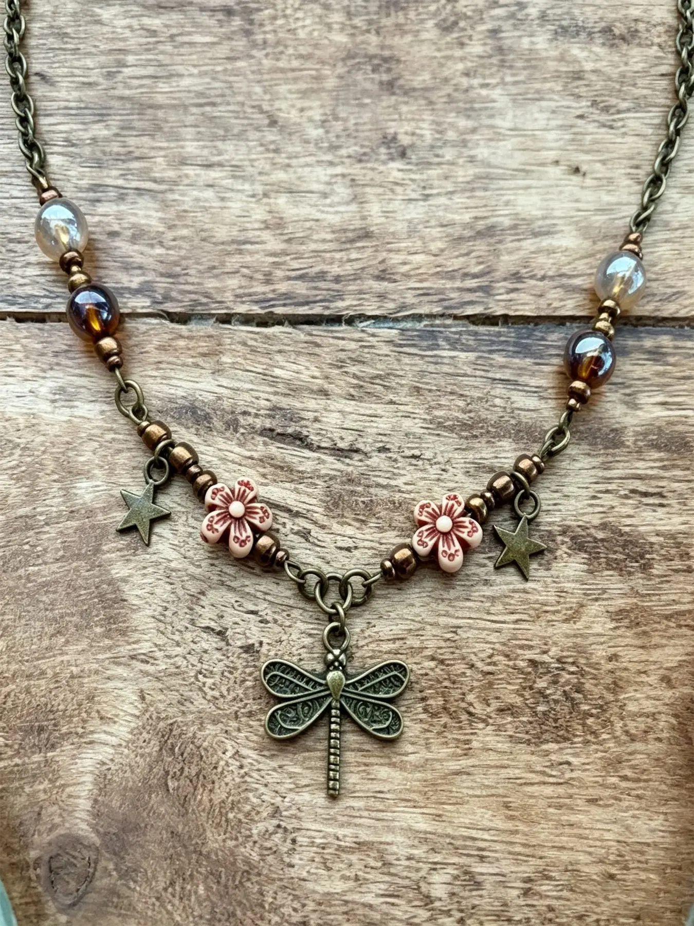 1 Piece Vintage Cottagecore Dragonfly Pendant Beaded Necklace for Women, Boho Flower Star Charm Chain Necklace, Retro Multicolor Bead Choker Necklace, Fairycore Daily Outdoor Fashion Neck Jewelry, Birthday Holiday Gift for Her