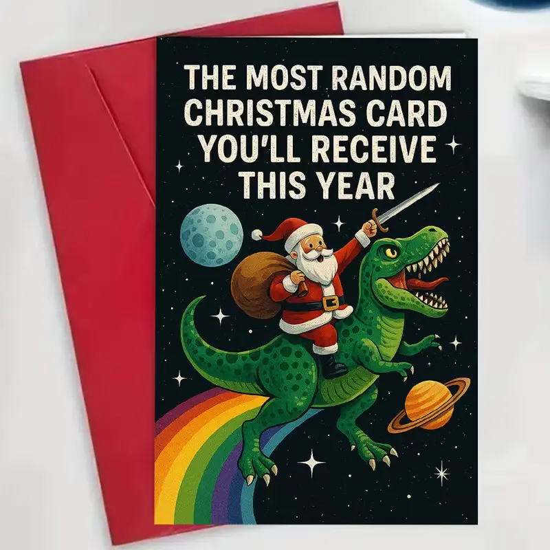 The Most Random Christmas Card You’ll Receive Funny Santa Riding Dinosaur Card Hilarious Holiday Gift Idea for Friends Family Office Secret Santa Blank Inside with Envelope