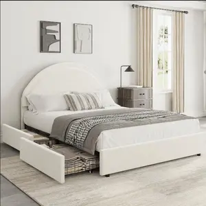 Soft Bouclé Upholstered Bed Frame with 2 Storage Drawers & Round Headboard, Heavy Duty Platform Bed, Wooden Slats, Noise-Free, No Box Spring Needed