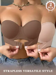 1/2PCSWomen's Bandeau Bra, Front & Back Multi-Hook, Detachable Invisible Straps, Anti-Slip, Breathable, Casual, For Off-Shoulder & Backless Daily Office & Home All Day Wear