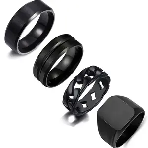 4PCS Black Biker Rings – Solid Stainless Steel Signet Rings, Matte & Polished Grooved Edges, Cuban Link Band Set, Size 7‑12