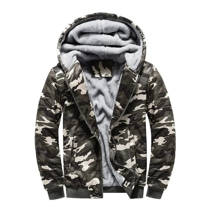 Men's Warm Fleece-Lined Camo Hooded Jacket Gray Camouflage Streetwear Winter Coat