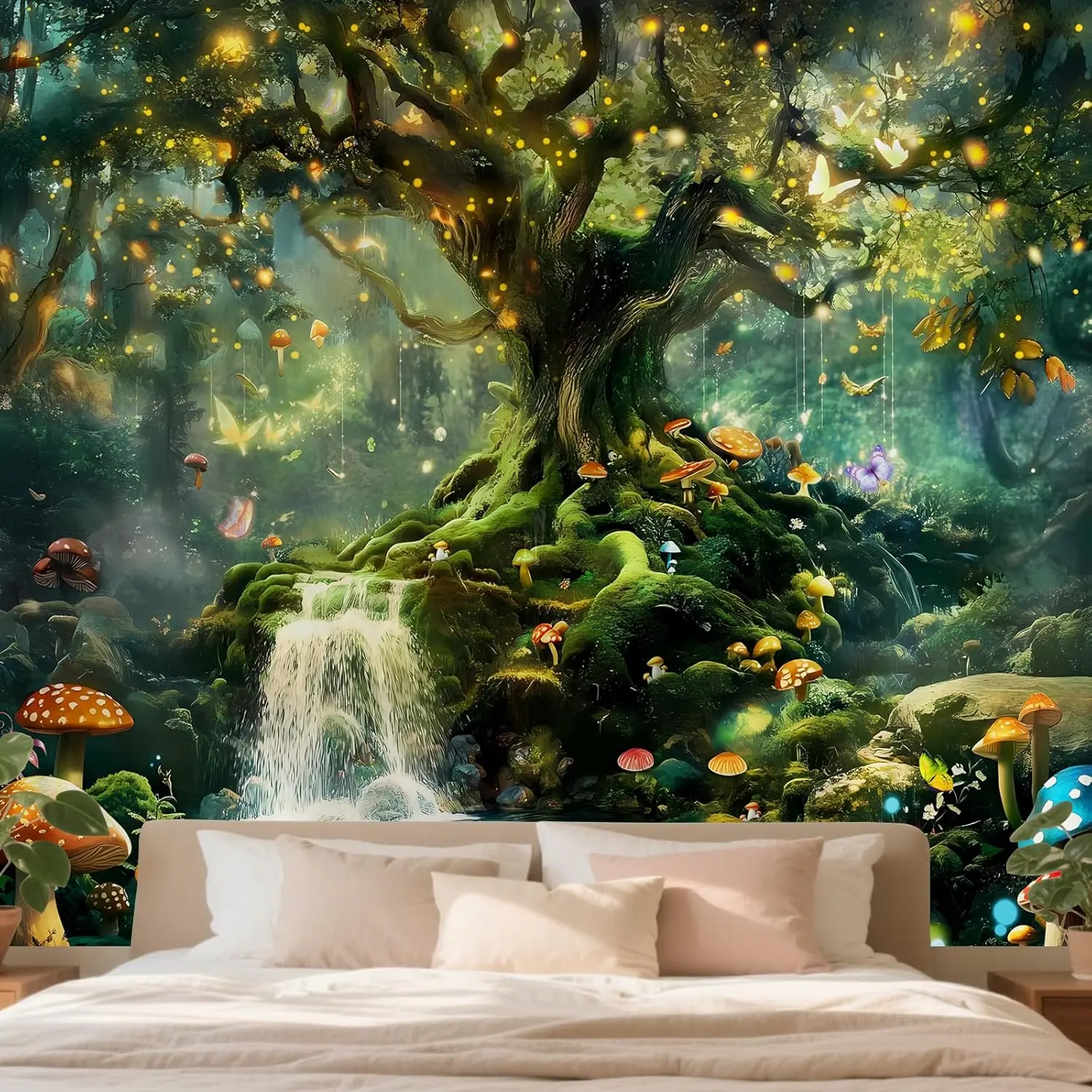Forest Nature Tapestry Wall Hanging for Bedroom, Green Fantasy Tree of Life Backdrop Tapestries, Fairy Magic Mushroom Landscape Wall Mural Decor for Living Room Dorm