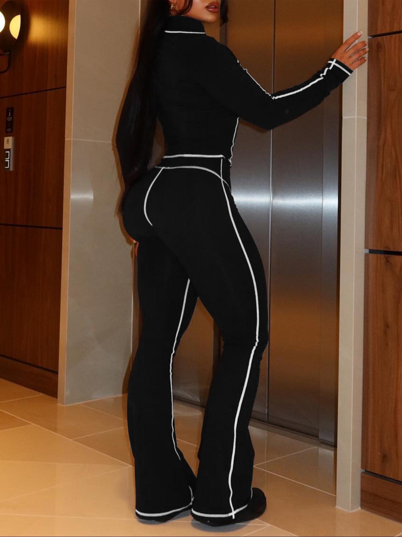 【LovelyWholesale】2026 FIFA World Cup Campaign Two-piece Set Women's Striped Zip Up Jacket & Pants, Street Fashion Streetwear Long Sleeve Outerwear & High Waist Trousers for Daily Wear, Ladies Spring  Clothes, Womenswear Perfect for All Seasons