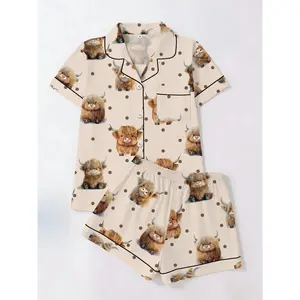 Cute Highland Cow Print Pajama Set, Short Sleeve T-Shirt & Shorts Cardigan Two-Piece, Casual Homewear for All Seasons