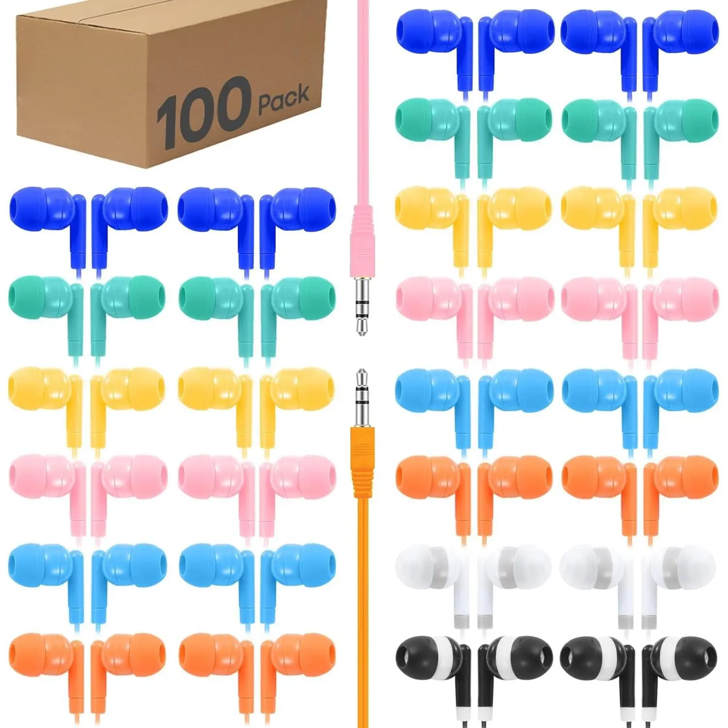 100 Packs Earbuds Bulk Classroom Headphones, Individually Bagged, Wholesale Students Wired Earphones with 3.5 mm Jack for Classroom School Library Museums and  (HY01,100 )