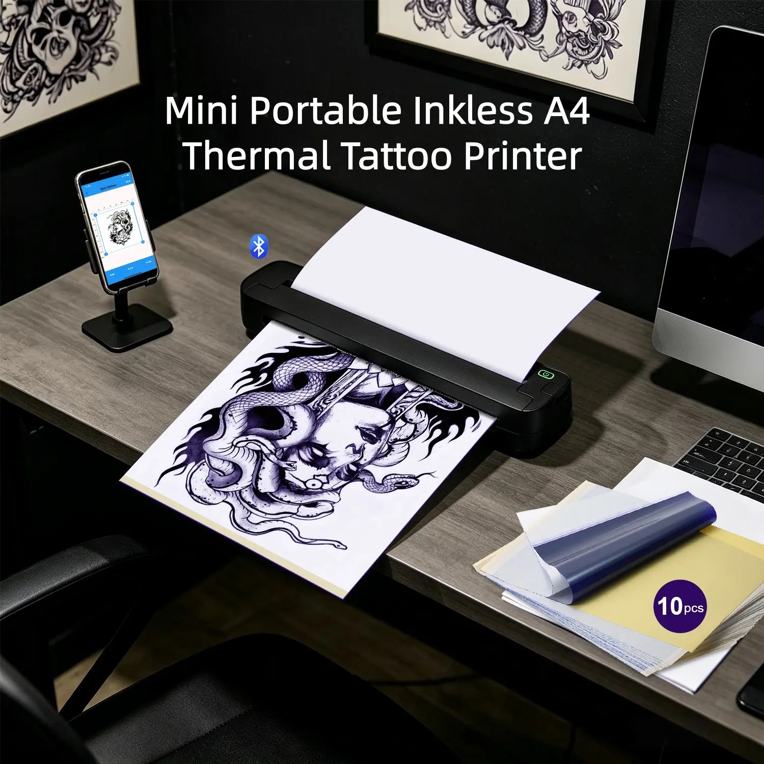 A4 Portable Thermal Printer with Auto Paper Feed, Wireless Bluetooth-compatible, Inkless, Ideal for Tattoo Stencils & Daily Docs