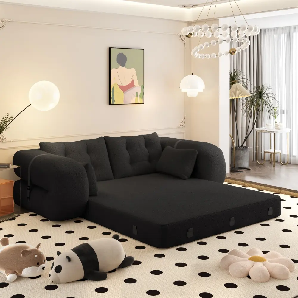 78.7" Oversized Convertible Sofa Bed, 3-in-1 Foldable Floor Couch with Sherpa Fleece Fabric, Foam Filled Sleeper Sofa for Living Room, Guest Room & Playroom, Cozy Lounge Chair with Pillows, No Assembly Required