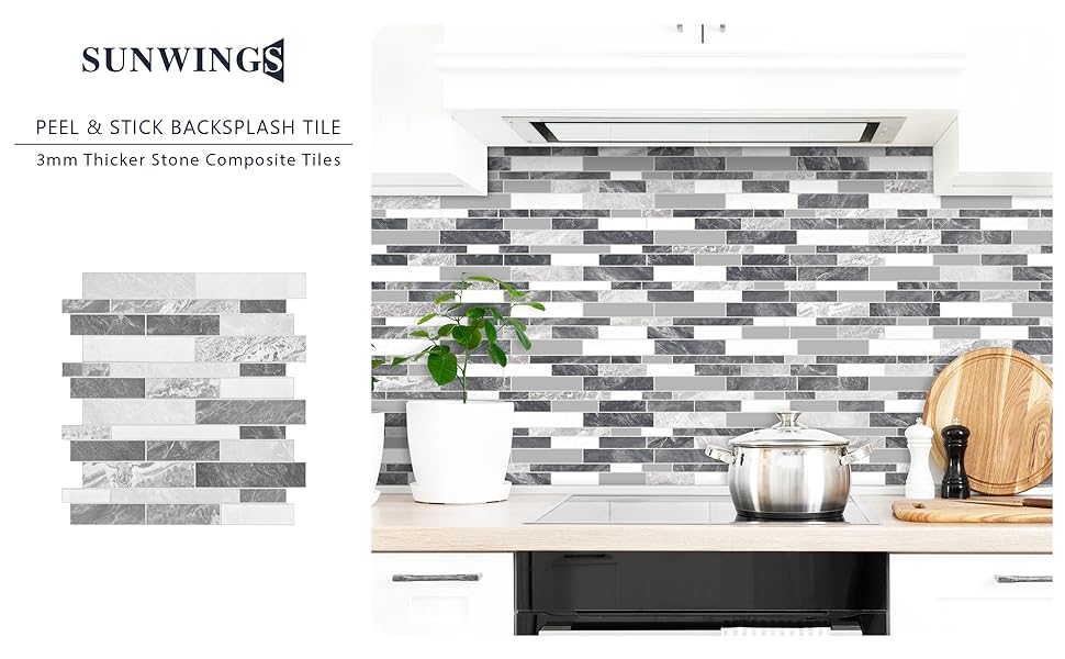 10-Sheet Peel and Stick Backsplash Stone Composite Self Tiles, 11.1" x 11.3" Grey White Mixed Embellished Stripes Brick Stick on Backsplash for,, Fireplace
