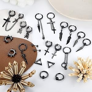 Jstyle 21 Pcs Earrings for Men Stainless Steel Black Long Chain Dangle Hoop Earrings for Men Women Jewelry Piercing Men Earrings Set