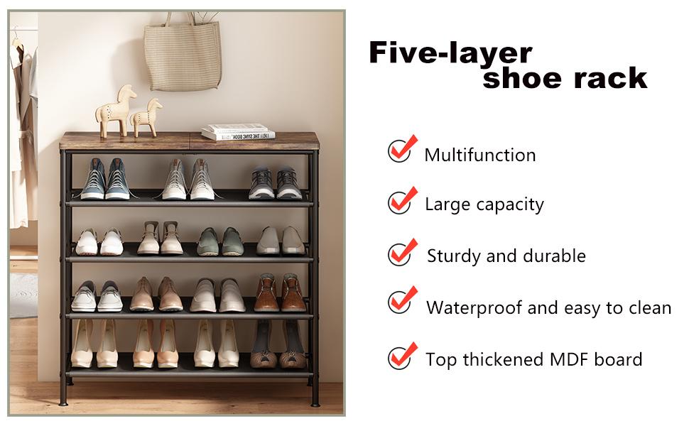 LINZINAR 5 Tier Metal Shoe Rack Organizer with Industrial MDF Board & Layer Fabric for Entryway Closet Bedroom Living Room Garage Storage A001