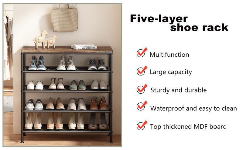 LINZINAR 5 Tier Metal Shoe Rack Organizer with Industrial MDF Board & Layer Fabric for Entryway Closet Bedroom Living Room Garage Storage A001