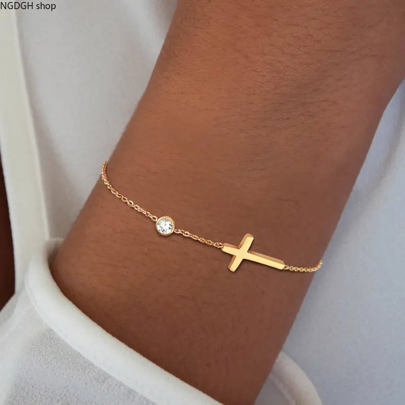 Women's Gold Cross Bracelet - Trendy Minimalist Zircon Crystal Chain, Delicate Cross Pendant, Dainty Adjustable Female Religious Jewelry for Daily Wear Layering, Bracelets, Everyday Wear, Elegant Religious Jewelry, Hand Chain Bracelet