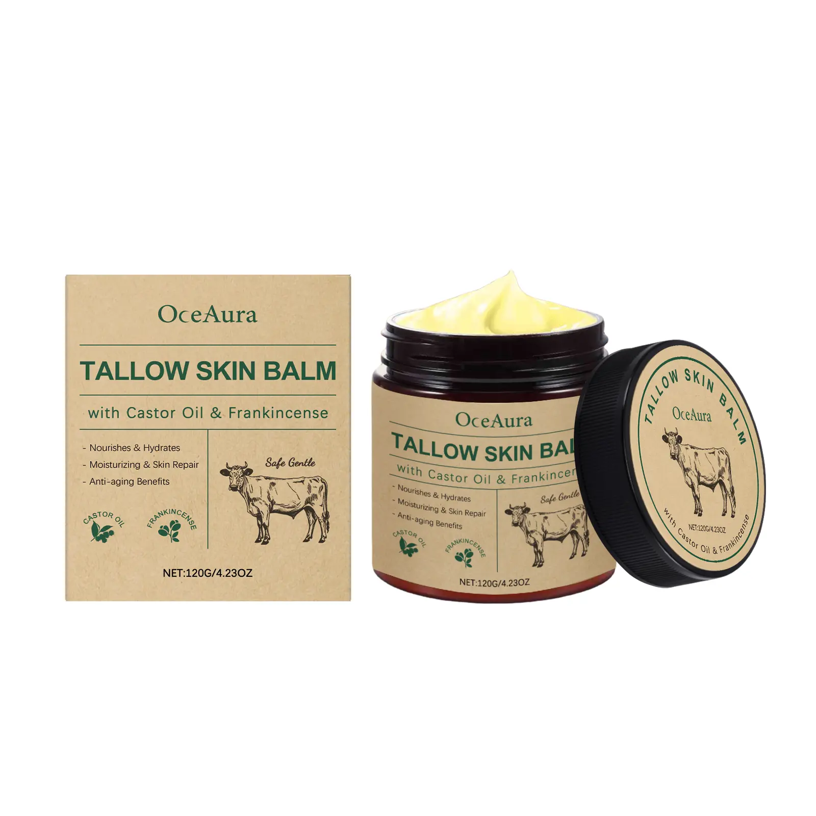 Frankincense & Castor Oil Beef Tallow Grass Fed & Finished Organic Moisturizer for Skin Hydrating & Nourishing for Cracked,Dry Skin Age Defying
