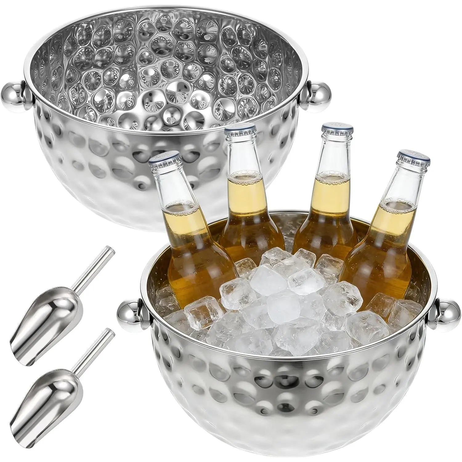 2 Pack Ice Buckets with Scoops, 4.6L&6L Metal Beverage Tubs, Stainless Steel Wine Bucket, Champagne Bucket, Large Ice Buckets for Parties Beer Bottle Drinks, Dishwasher Safe