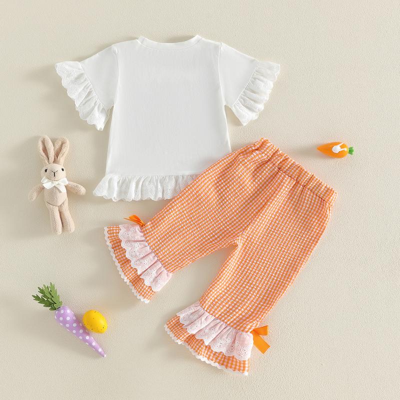 Toddler Baby Girls Easter Outfit Cute Carrot Embroidery Short Sleeve Tops with Plaid Pants 2Pcs Clothing Set