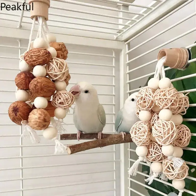 Hanging Wooden Bird Foraging Toy with Walnut & Balls, Natural Rattan Cage Accessory for Cockatiels Lovebirds Conures, Promotes Active Play & Mental Stimulation