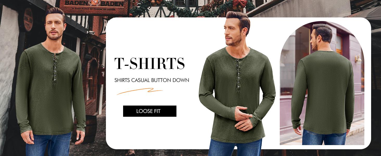 Beotyshow Mens Distressed Henley Shirts Retro Long Sleeve Tee Shirts Casual Button Down Washed T-Shirts for Men Cotton Menswear Father's Day Gift Shirt