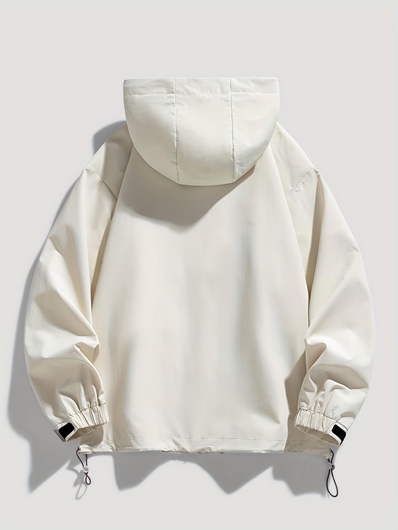 UOSO Men's White Hooded Jacket with Black Zipper & Loose Fit - Heavy-Duty Windproof Shell Coat for Hiking, Skiing, Snowboarding|   Spring/Fall Outdoor Jacket with Lettering & Logo Design, Pockets|   Winter Sports Apparel (No-Stretch Fabric, Hand Wash/Dr