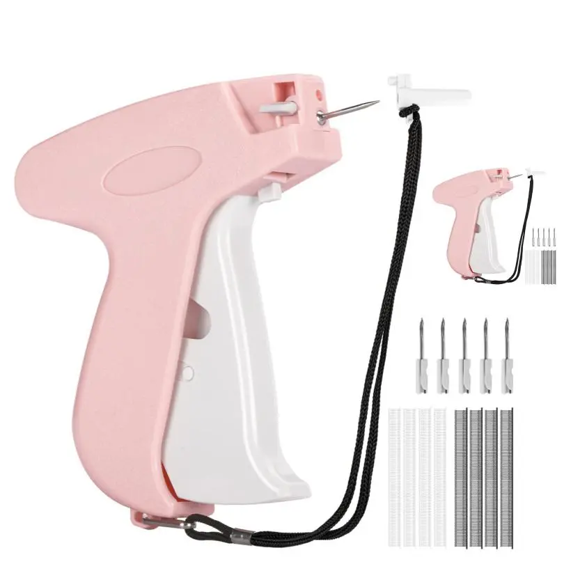 8MM Quick Stitch Sewing Gun (Pink) - Mini Sized Hard Plastic Quick Fix Fabric Repair Tool with 6 Fine Needles, 2000pcs Micro Fasteners, Elastic Bands - Portable Stitcher for Hemming, Home Use, Crafting