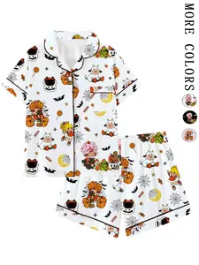 【Halloween】Retro Strawberry Girl Halloween Collared Pajama Set | Cute 80s Nostalgic Cartoon & Pumpkin Print Sleepwear | Soft Short Sleeve Button Down Lounge Outfit | Fun Summeroween 2-Piece PJs with Black Piping