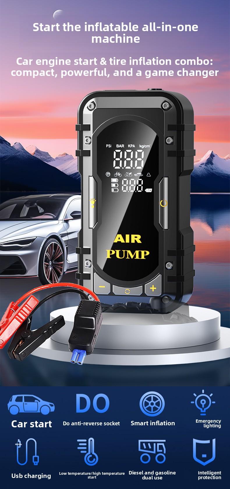 2-in-1 Portable Car Jump Starter & Tire Inflator with Emergency Light & Power Bank