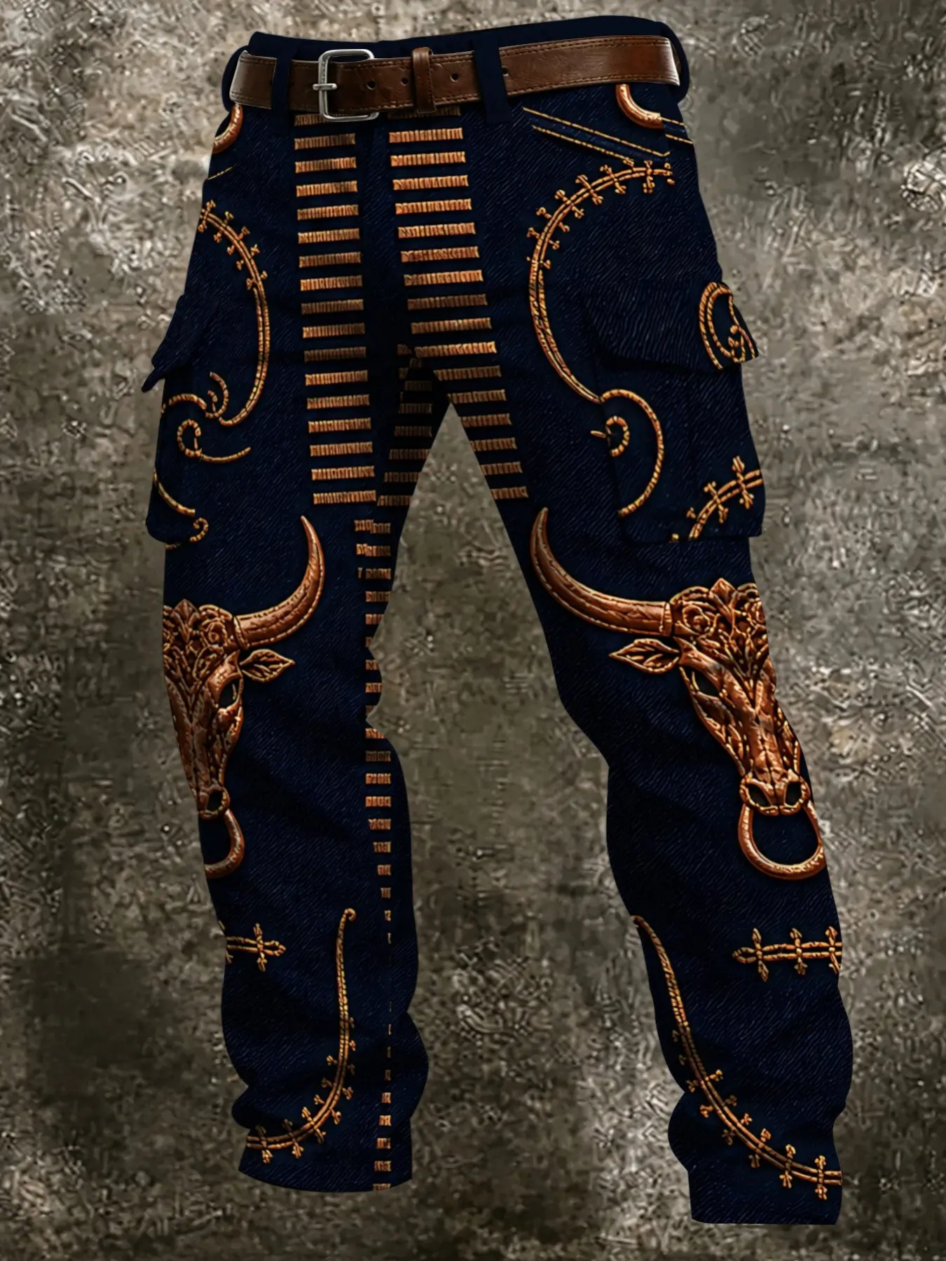 Western Bull Vintage Work Pants, Full Pattern Bull Chain Embroidery, Multiple Pockets, Loose Fit, Outdoor Casual Long Pants for Men
