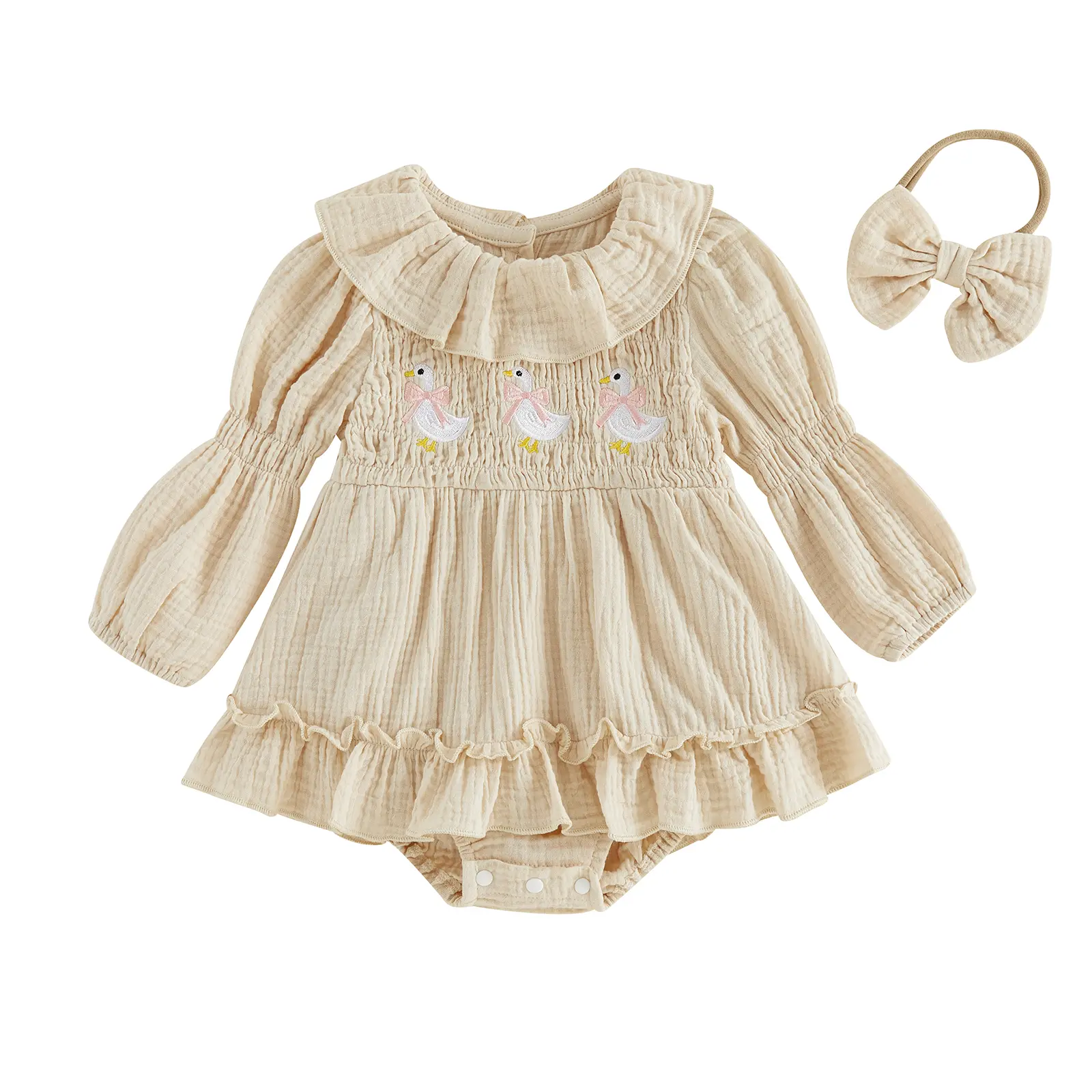 Infant Baby Girl Fall Winter Outfits Goose/Strawberry Long Sleeve Ruffled Smocked Bubble Romper Dress and Headband Set 0-18 Months