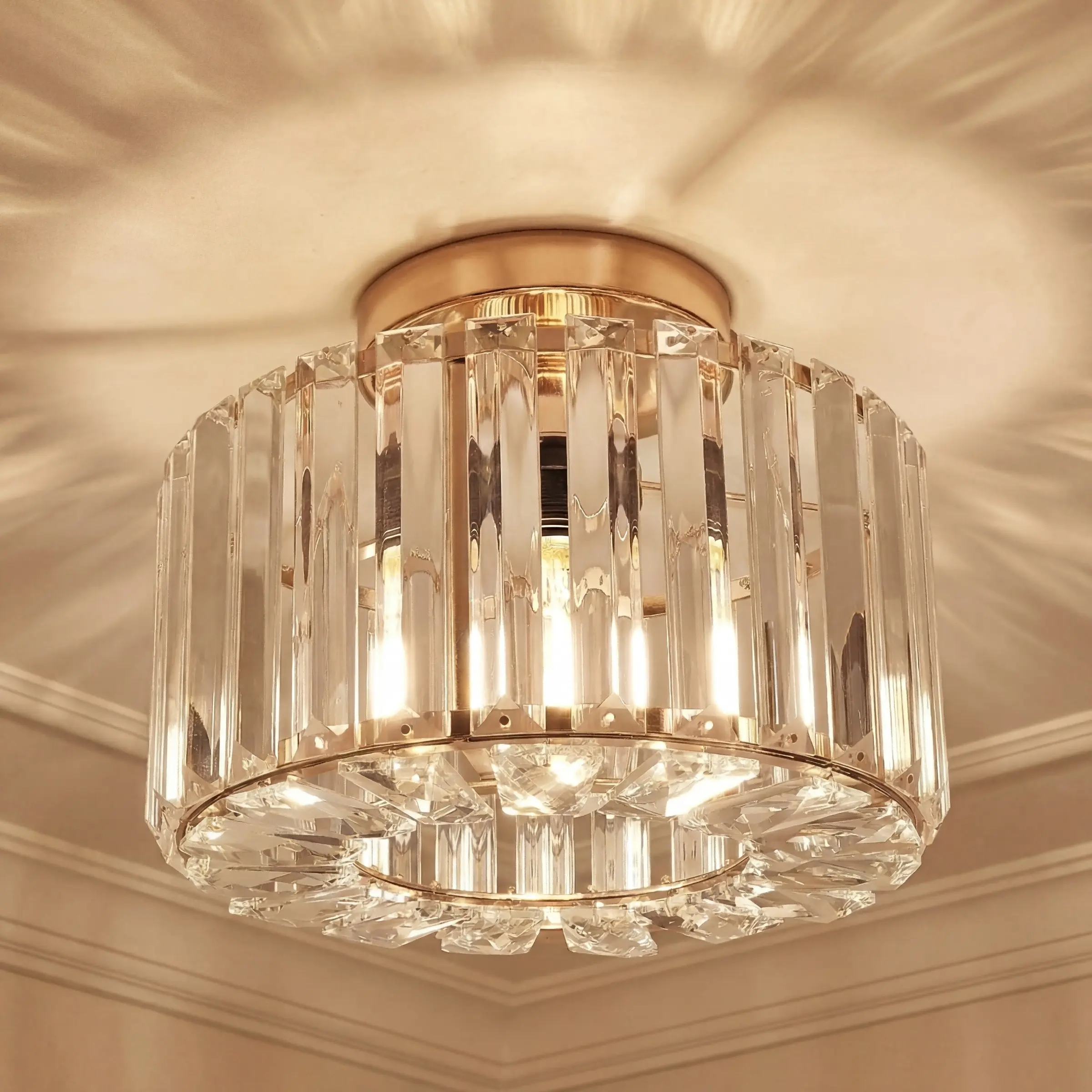 Modern Gold Crystal Flush Mount Ceiling Light, Indoor Light, Round K9 Crystal Chandelier, 1-Light Fixture for Hallway Foyer Stairwell Closet Kitchen Balcony Bedroom, E27 Base, Bulbs Not Included