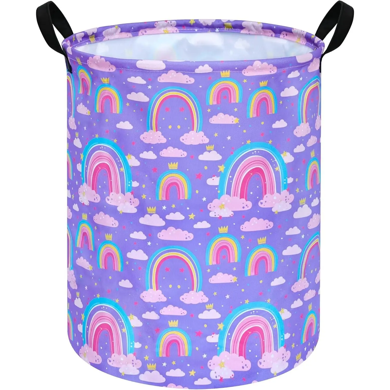 Collapsible Kids Laundry Basket Clothes Hamper, Foldable Storage Organizer Bin, Toy Clothes Storage with Handles for Boys Girls Bedroom, Room Decor Purple Rainbown