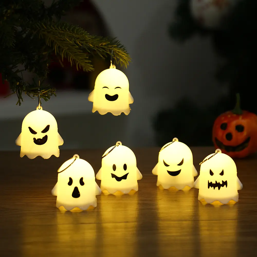 6-Pack Mini Spooky Cute Synthetic Hair Unisex Hanging Ornaments with LED Ghost Faces - Warm Lights for Halloween Party, Tree Decor
