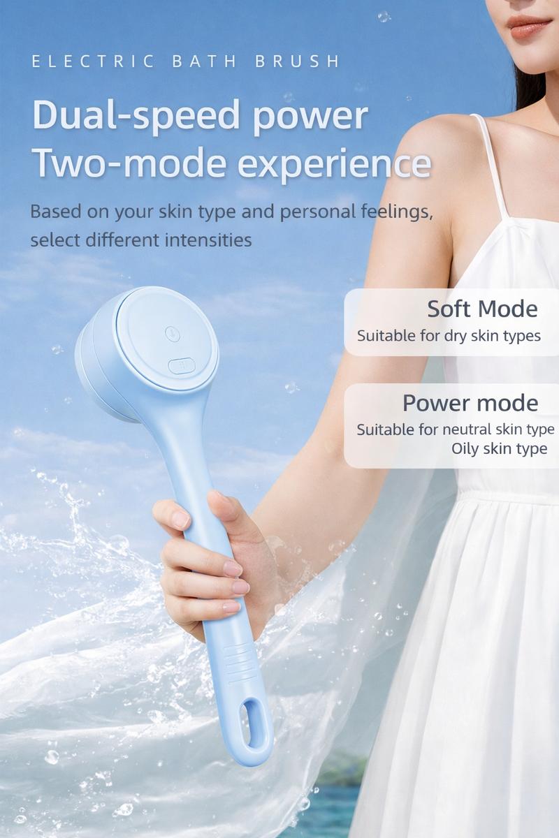 Rechargeable Electric Body Scrubber, Waterproof 360° Rotating Shower Brush with Dual Grip Handles, Full Body Bath Brush with 4 Detachable Heads for Deep Cleansing