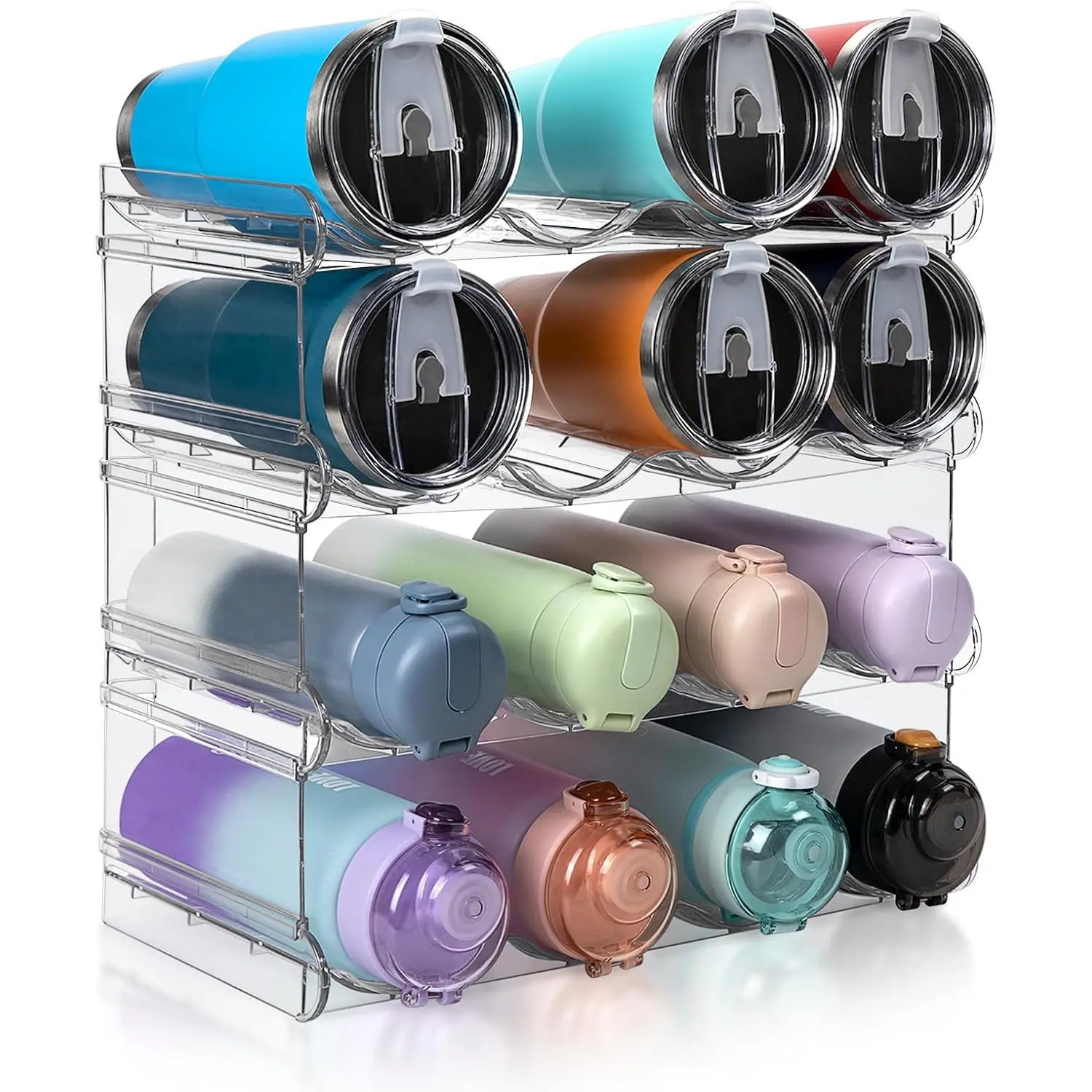 Water Bottle Organizer 4 Tier Large Compartment Water Bottle Holder | Clear Water Bottle Organizer for Cabinet, Bottle Rack for Kitchen Organization and Storage - Hold 16 Bottles