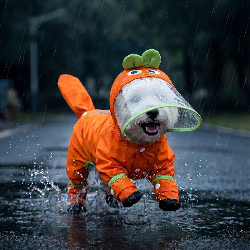 Pet Raincoat with Detachable Feet, Cartoon Design, Suitable for Small Dogs. Covers All Four Legs During Rainy Weather. Includes a Tail. Dog Rain Suit.