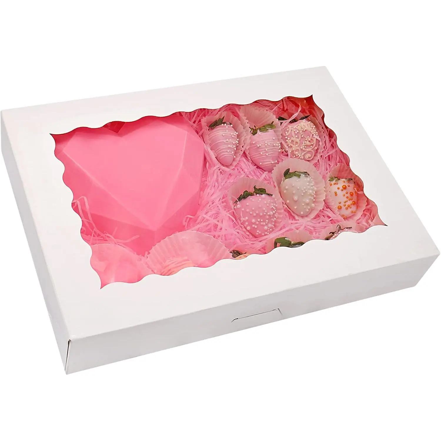 20-Pack Bakery Boxes 14" x 10" x 2.5", Cookie Boxes, Auto-Popup  Boxes with Window for Donuts, Pies, Cakes, Muffins, and Pastries (White)