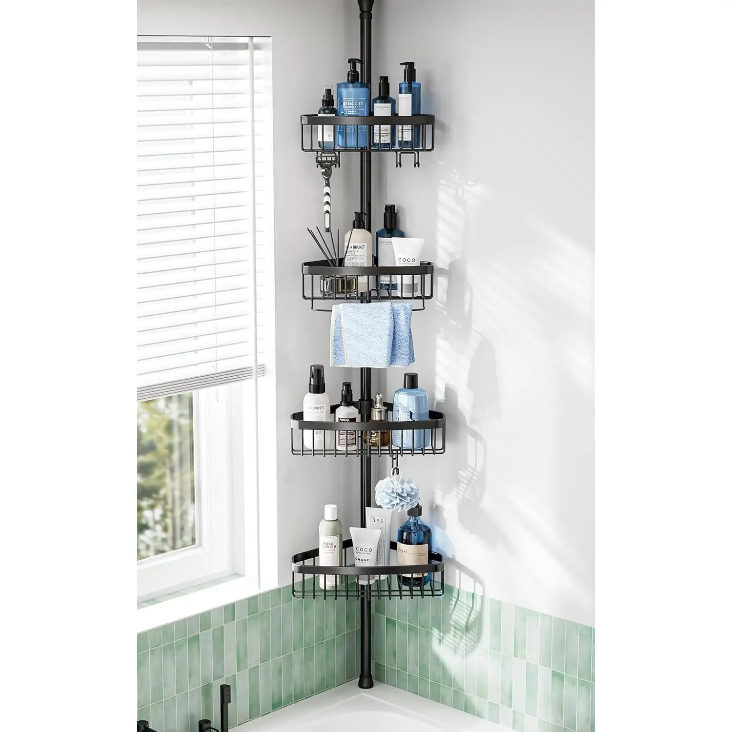 Black Corner Shower Caddy Tension Pole - 4-Tier Adjustable Rustproof Bathroom Organizer, 47-121 in Quick-Install Floor-Standing Bathtub Rack for Shampoo Storage, 47-121 Inch