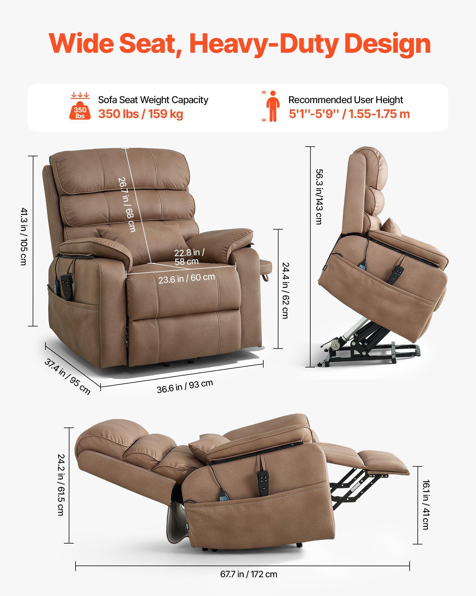 VEVOR Power Lift Recliner Chair, Dual Motor, Medium Wide Electric Lift Chair with Heat and Massage for Elderly, Infinite Position Adjustment, Leather Surface, with Storage Pocket, Cup Holder, Brown