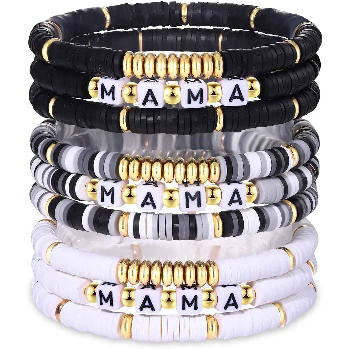 9 Pack MAMA Heishi Bracelet Set Stackable Heishi Clay Beaded Stretch Bracelet Preppy  Thanksgiving Gifts for Mother