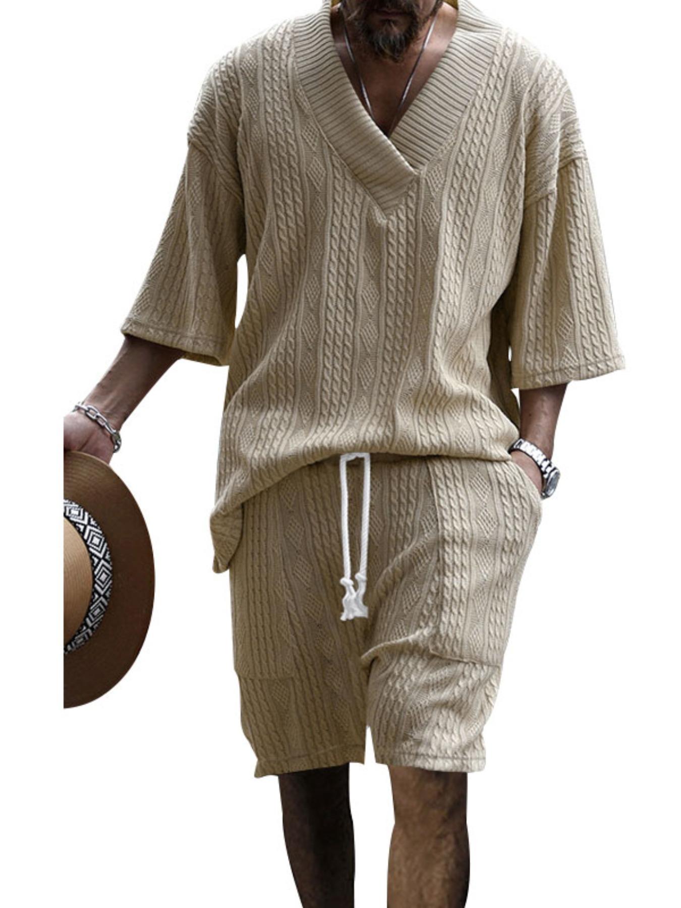 Men's Solid Drop Shoulder Knit Top & Shorts Two-Piece Set, Loose Casual Fashion Cozy Breathable Short Sleeve T-shirt & Shorts for Daily Outdoor Wear, Menswear for Summer, Clothing