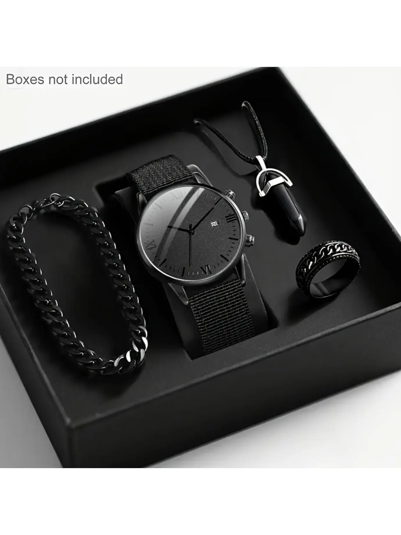 4 Piece Quartz Watch Set for Men, With Calendar Round Alloy Dial, Pendant Bracelet Ring Great for Daily Wear Graduation Couples Gift