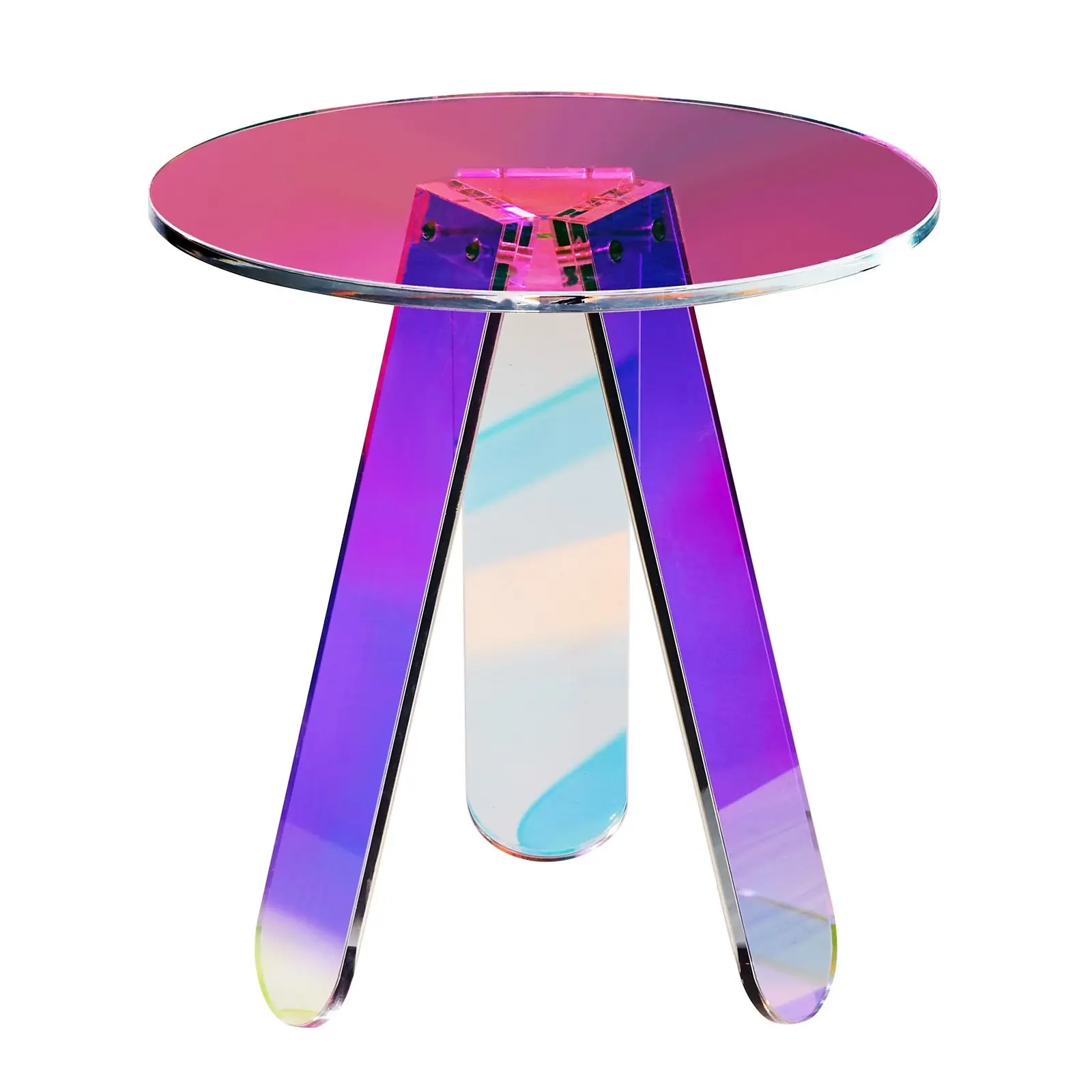 Round Iridescent Acrylic Side Table With Clear Rainbow Finish, Modern Round End Table For Drinks And Snacks, Transparent Coffee Table For Living Room, Bedroom And Study, Lightweight Glass Like Decor For Home