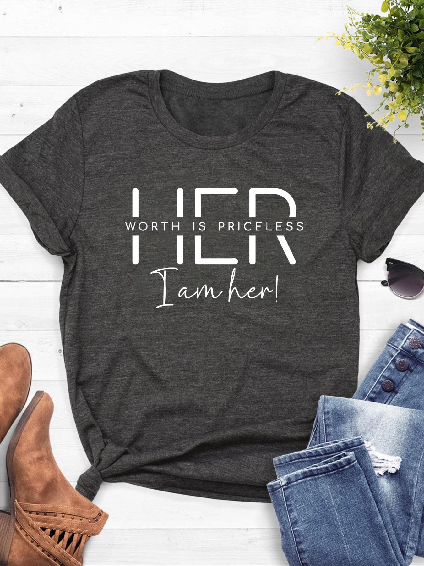 Women's Letter Print Round Neck Tee, Casual Short Sleeve Crew Neck T-Shirt for Summer, Fashion Women's Top for Daily Wear