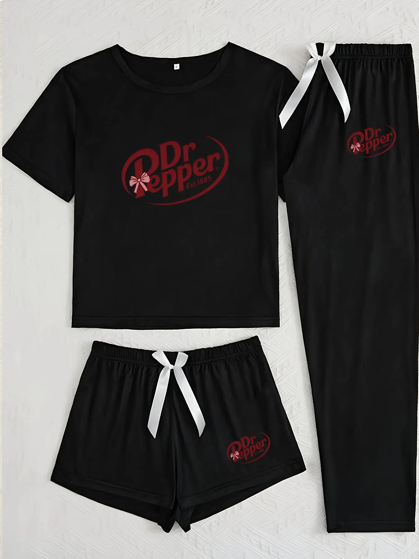 Women's Doctor Pepper Printed Three-Piece Home Set, Casual Loose-Fitting Cartoon Pattern, All-Season Unlined Plain Surface