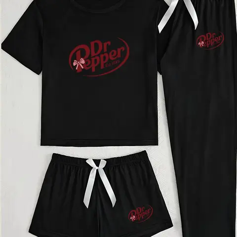 Women's Doctor Pepper Printed Three-Piece Home Set, Casual Loose-Fitting Cartoon Pattern, All-Season Unlined Plain Surface, Clothes