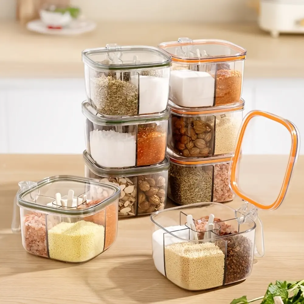 4-Compartment Seasoning Box with Lid & Spoons, Sealed Spice Container for Salt, Sugar, Herbs & Condiments, Kitchen Counter Organizer